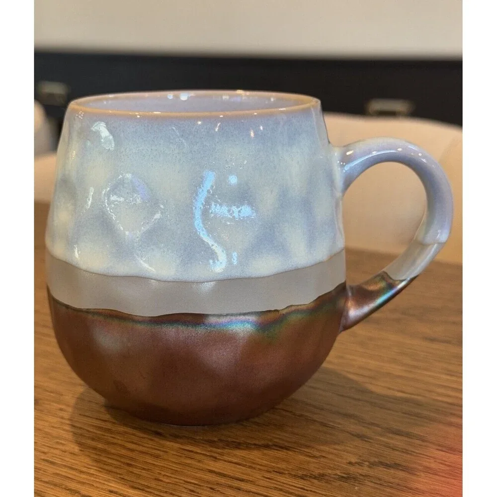 Roscher Set Of 4 Iridescent Metallic Hammered Blue/Brown Stoneware Coffee Mugs - Picture 3 of 7